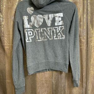 Y2K 2000s PINK Victorias Secret Gray Silver Rhinestone Hooded Zip Sweater XS